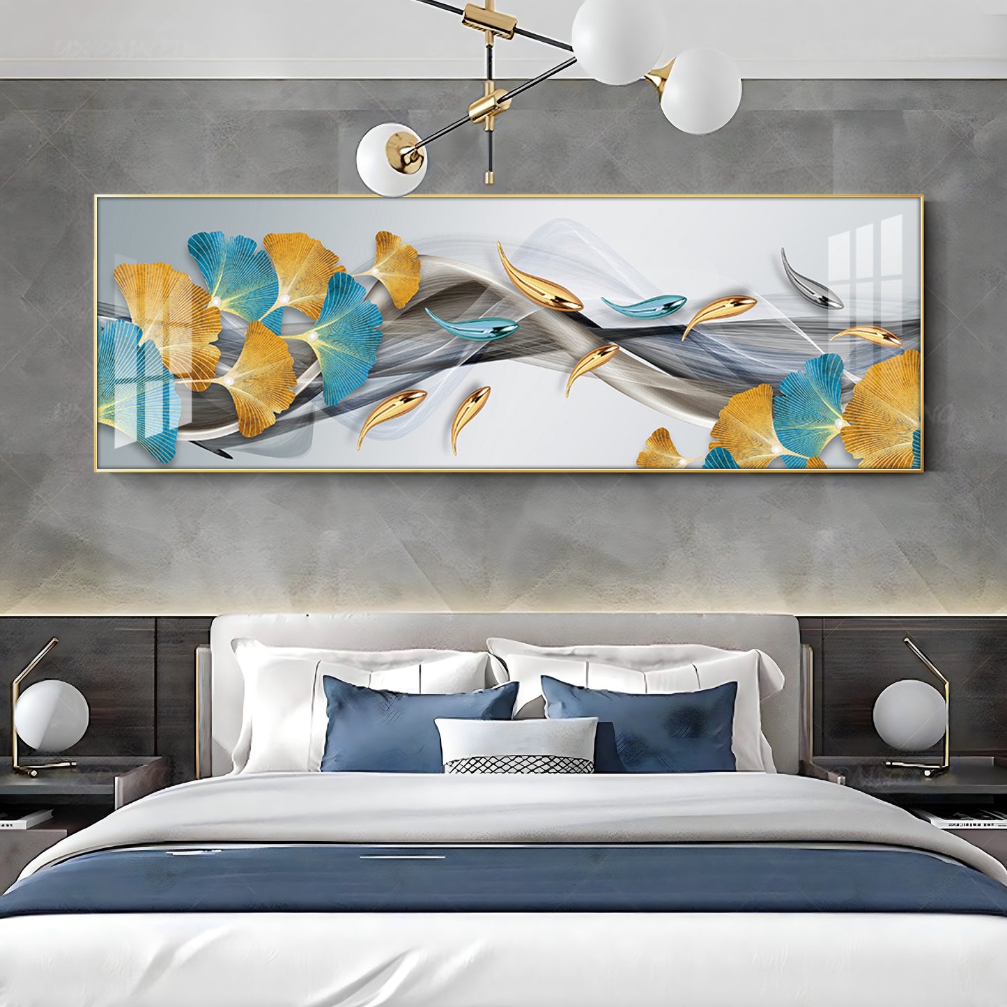 Blue & Golden Leaf Premium Acrylic Horizontal Wall Art