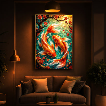 Two Beautiful Koi Fish Modern Luxury Backlight Vertical Wall Art
