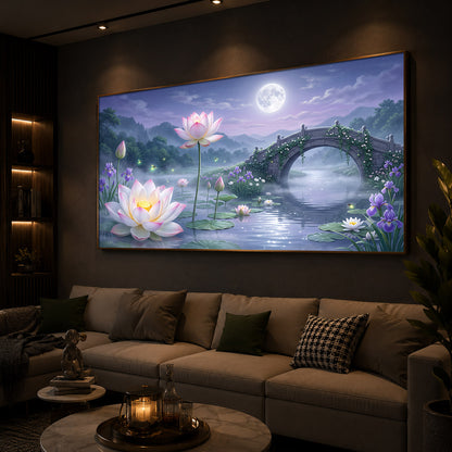 Moonlit Lotus Bridge Modern Luxury Backlight Horizontal Wall Art