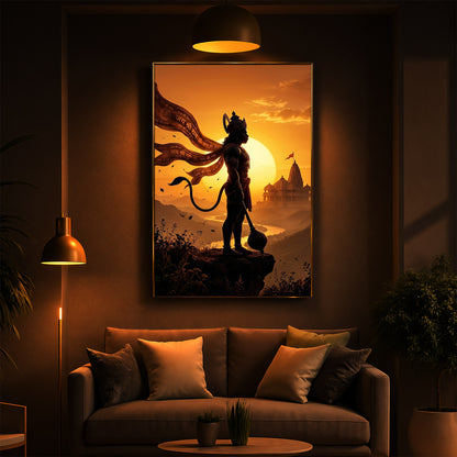Lord Hanuman With Sunrise Modern Luxury Backlight Vertical Wall Art