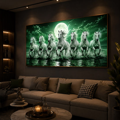 7 Running Horses With Green Backdrop Modern Luxury Backlight Horizontal Wall Art