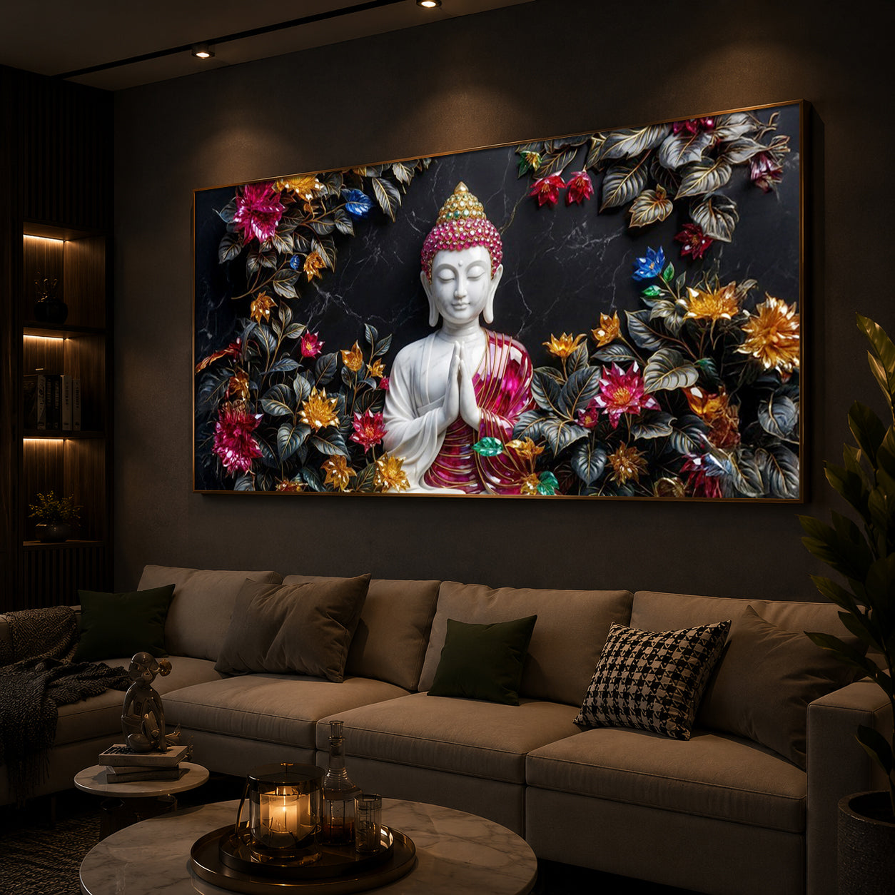 White Buddha With Pink Lotus Modern Luxury Backlight Horizontal Wall Art