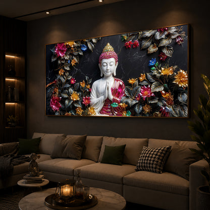 White Buddha With Pink Lotus Modern Luxury Backlight Horizontal Wall Art
