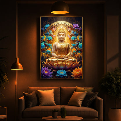 Meditating Gautam Buddha Modern Luxury Backlight Vertical Wall Art