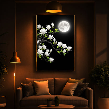 Moonlit White Magnolia Modern Luxury Backlight Vertical Wall Art