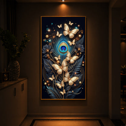 Golden Butterflies & Peacock Feather Modern Luxury Backlight Vertical Wall Art