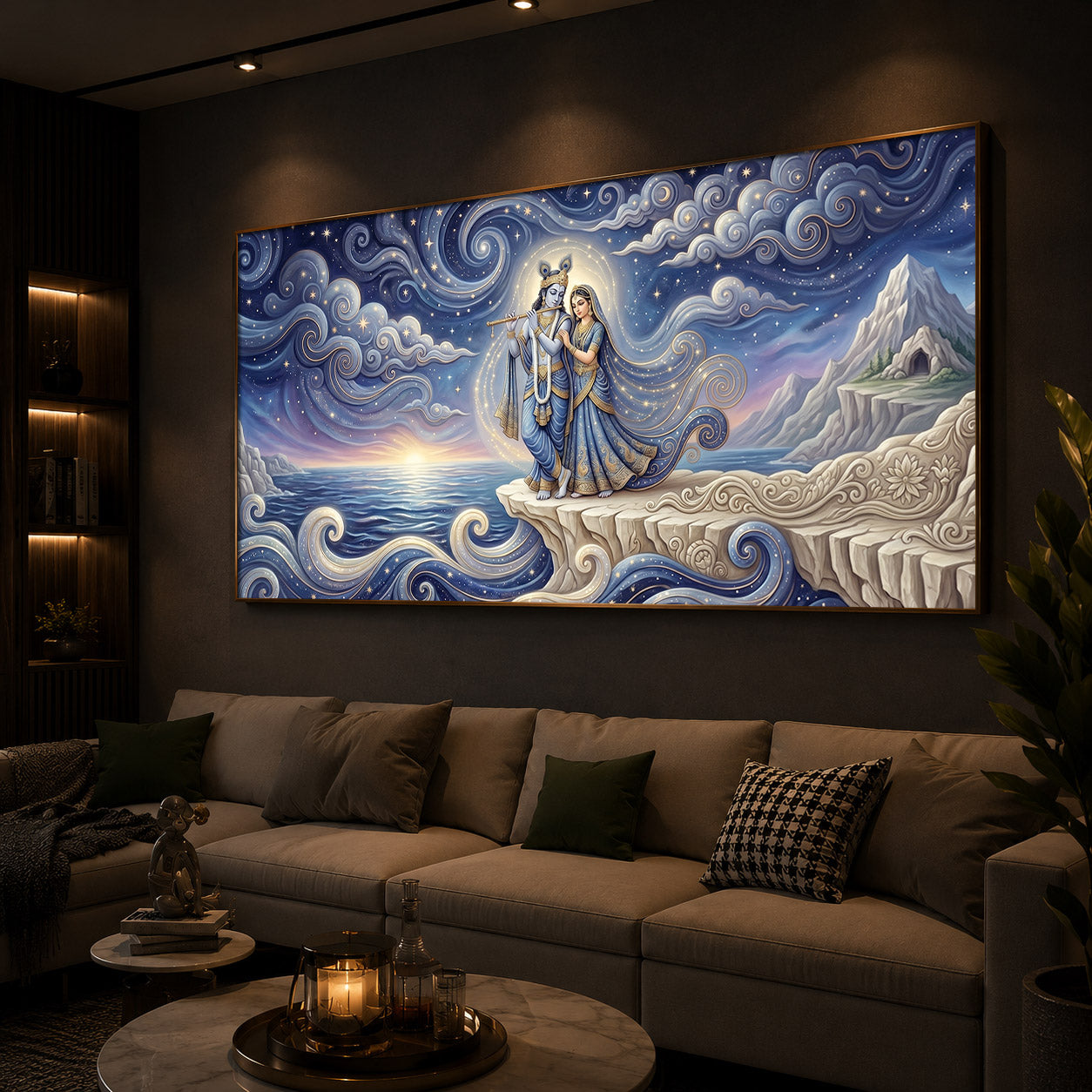 Divine Couple Radha Krishna With Flute Modern Luxury Backlight Horizontal Wall Art