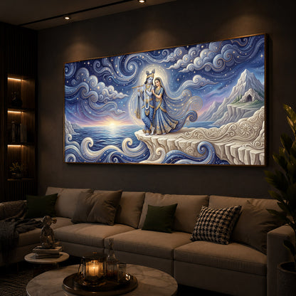 Divine Couple Radha Krishna With Flute Modern Luxury Backlight Horizontal Wall Art