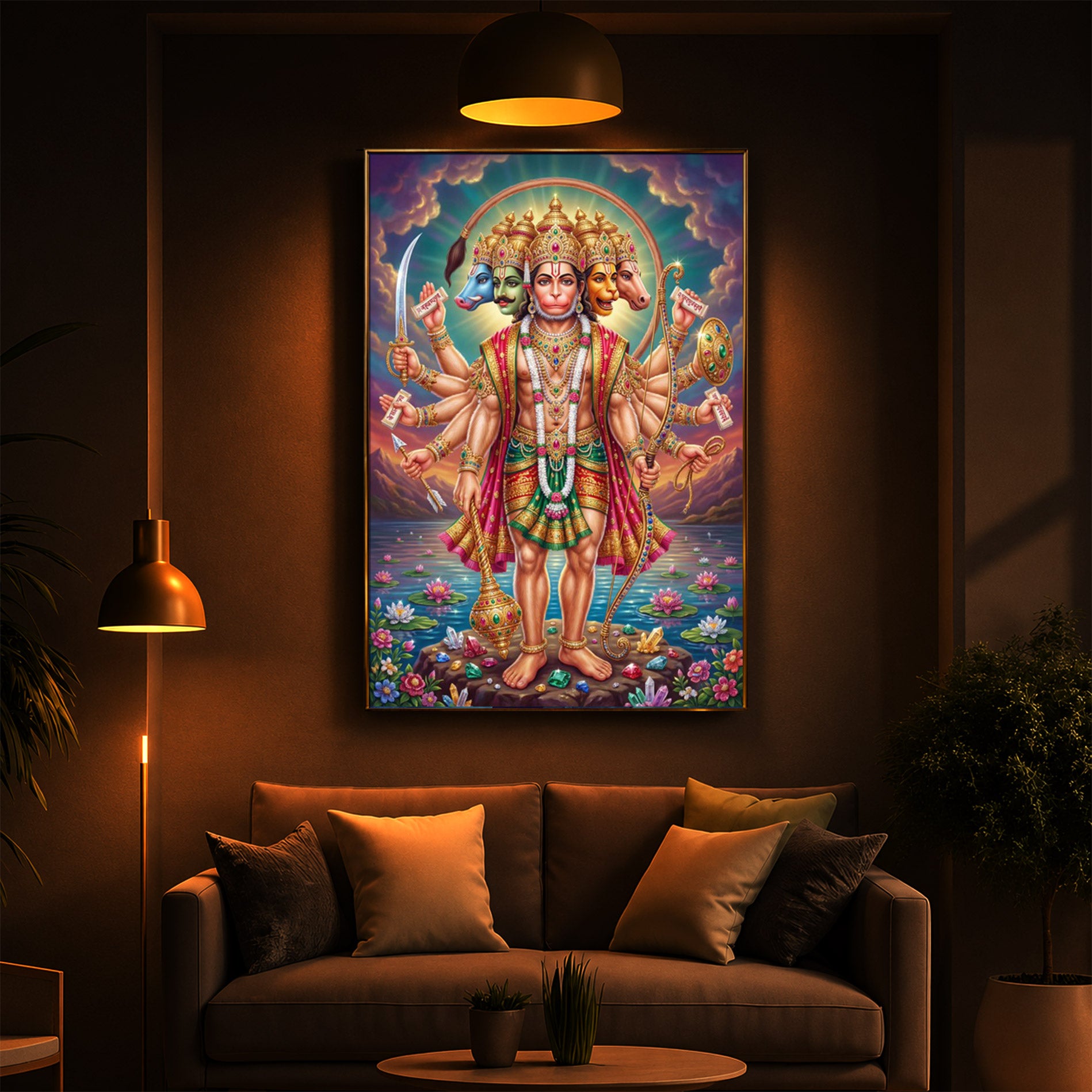 Spiritual Panchamukhi Hanuman Modern Luxury Backlight Vertical Wall Art