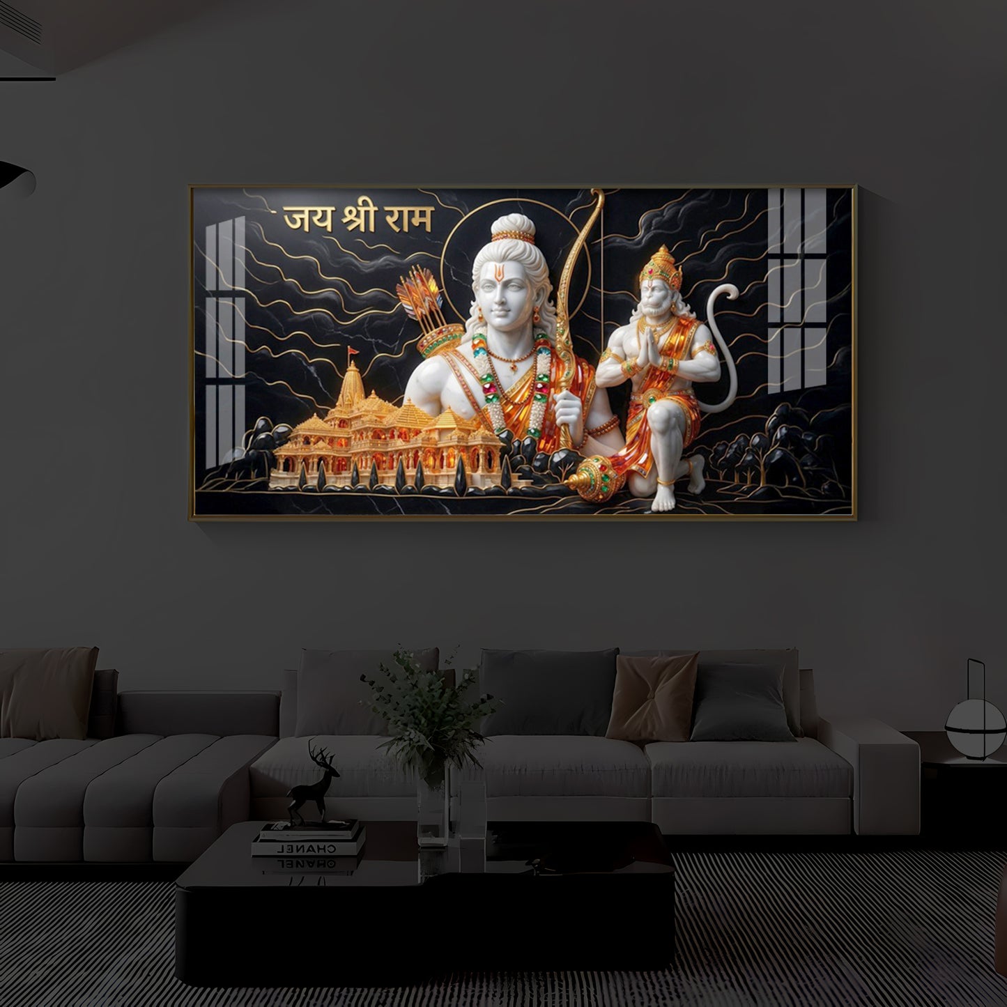 Lord Ram With Lord Hanuman Modern Luxury Backlight Horizontal Wall Art