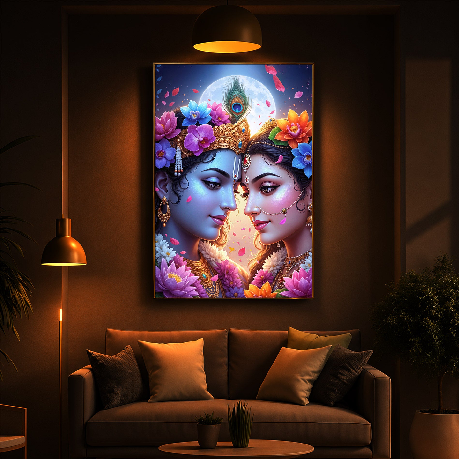 Loving Shri Radha Krishna Modern Luxury Backlight Vertical Wall Art