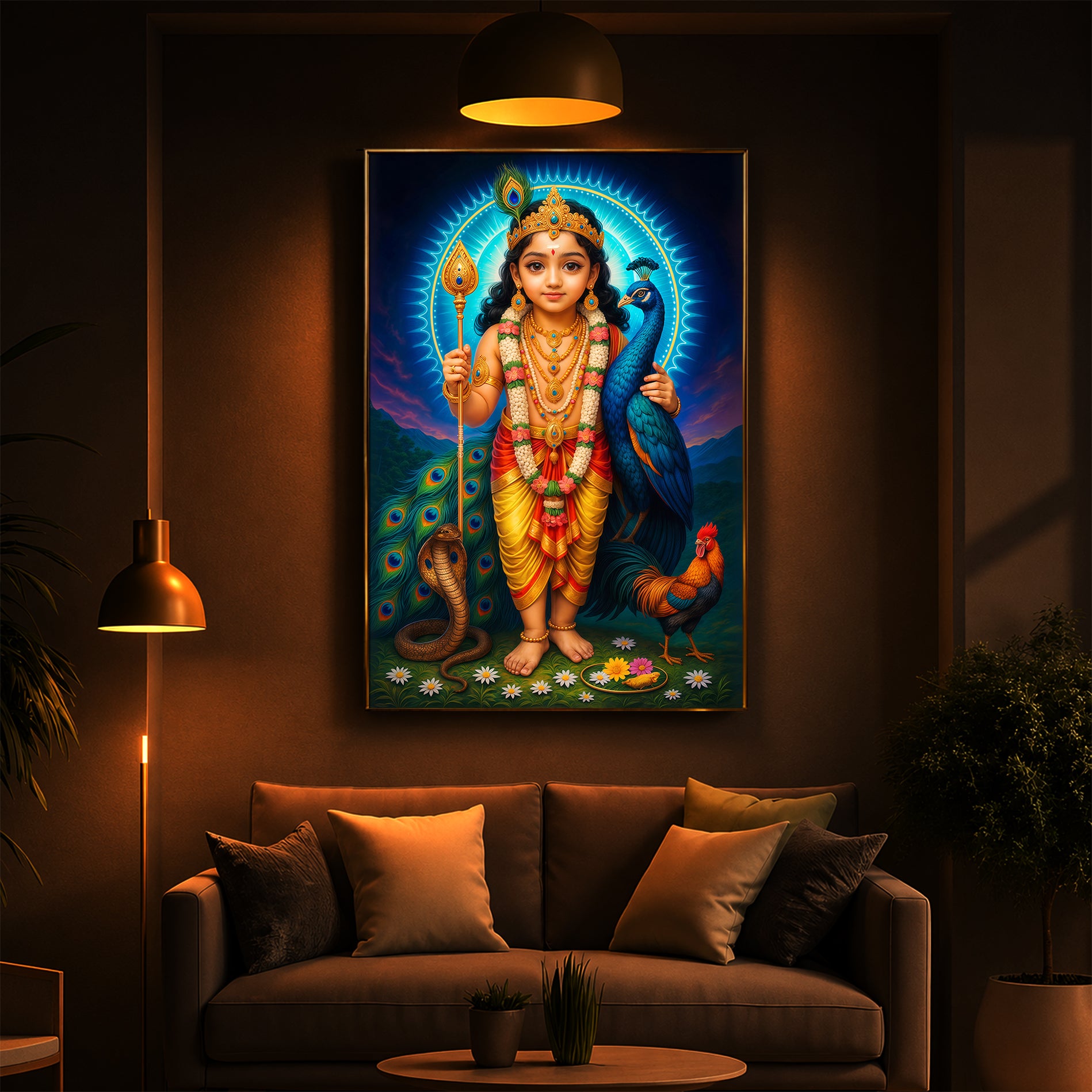 Lord Murugan Ji Modern Luxury Backlight Vertical Wall Art