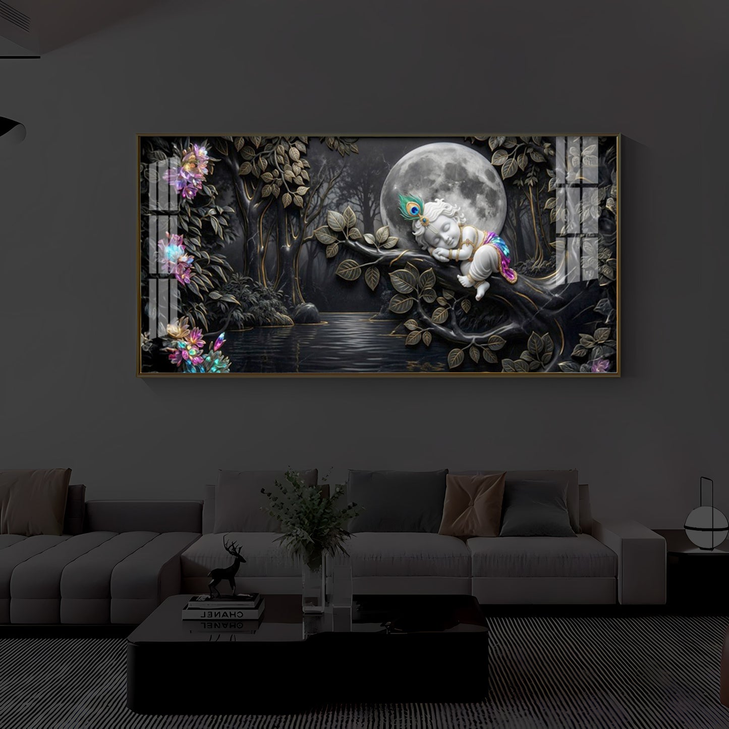 Divine Lord Little Krishna Modern Luxury Backlight Horizontal Wall Art