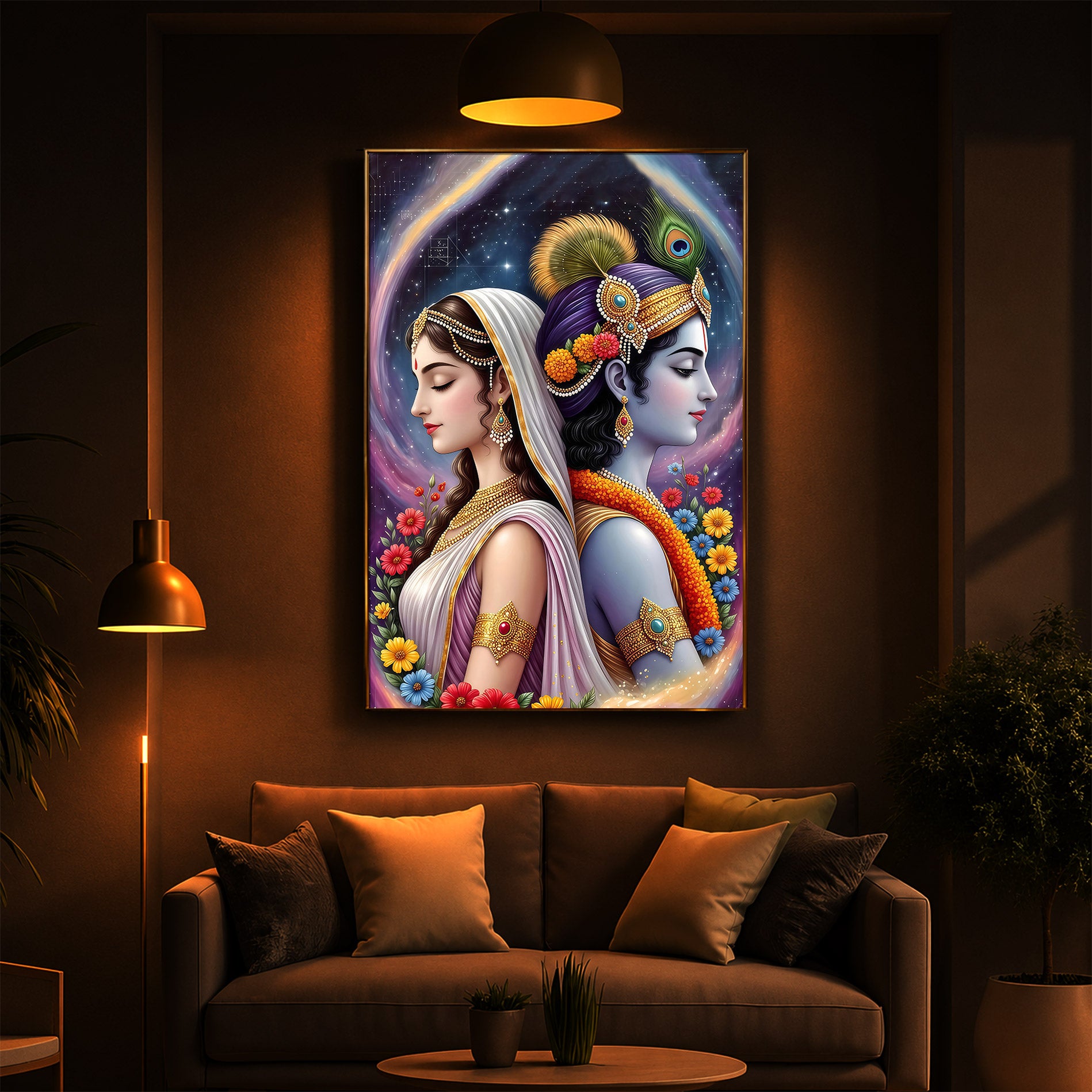 Lord Sri Radhe Krishna Modern Luxury Backlight Vertical Wall Art