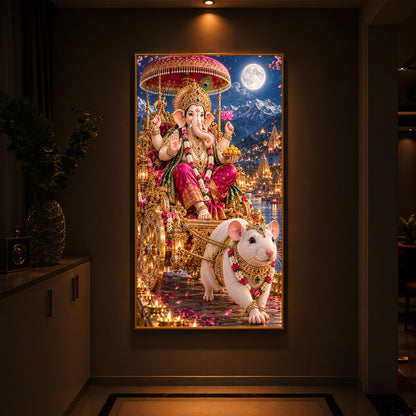 Ganapati Bappa Divine Rath Modern Luxury Backlight Vertical Wall Art