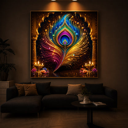 Glowing Peacock Feather Modern Luxury Backlight Square Wall Art