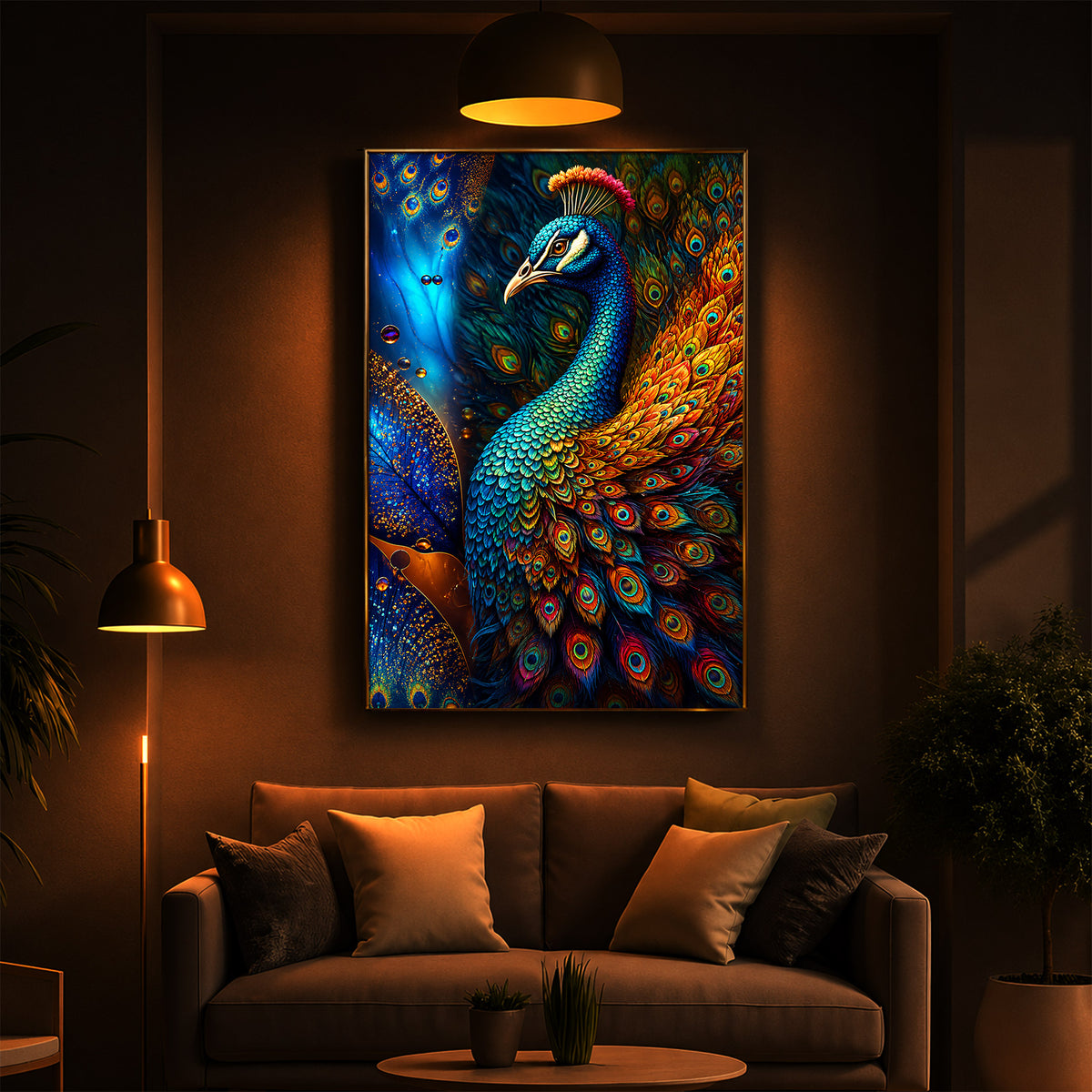 Majestic Regal Peacock Feathers Modern Luxury Backlight Vertical Wall Art