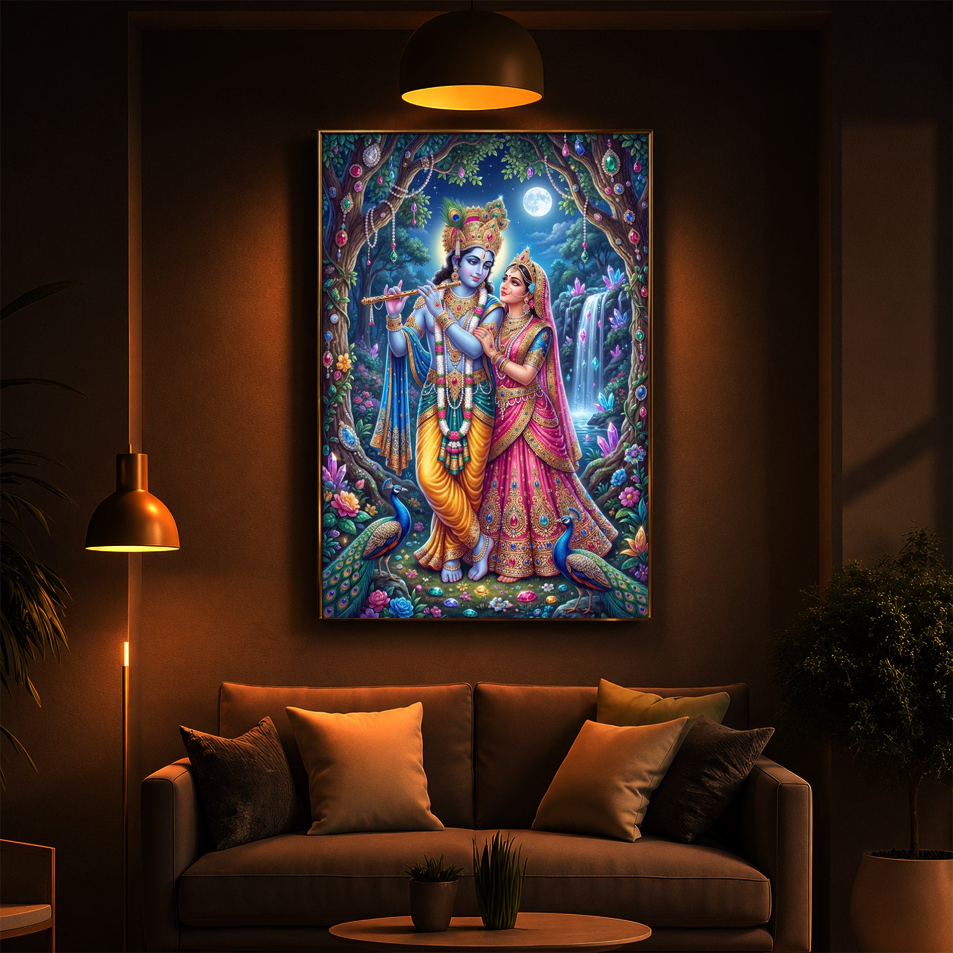 Eternal Love of Radha Krishna Modern Luxury Backlight Vertical Wall Art