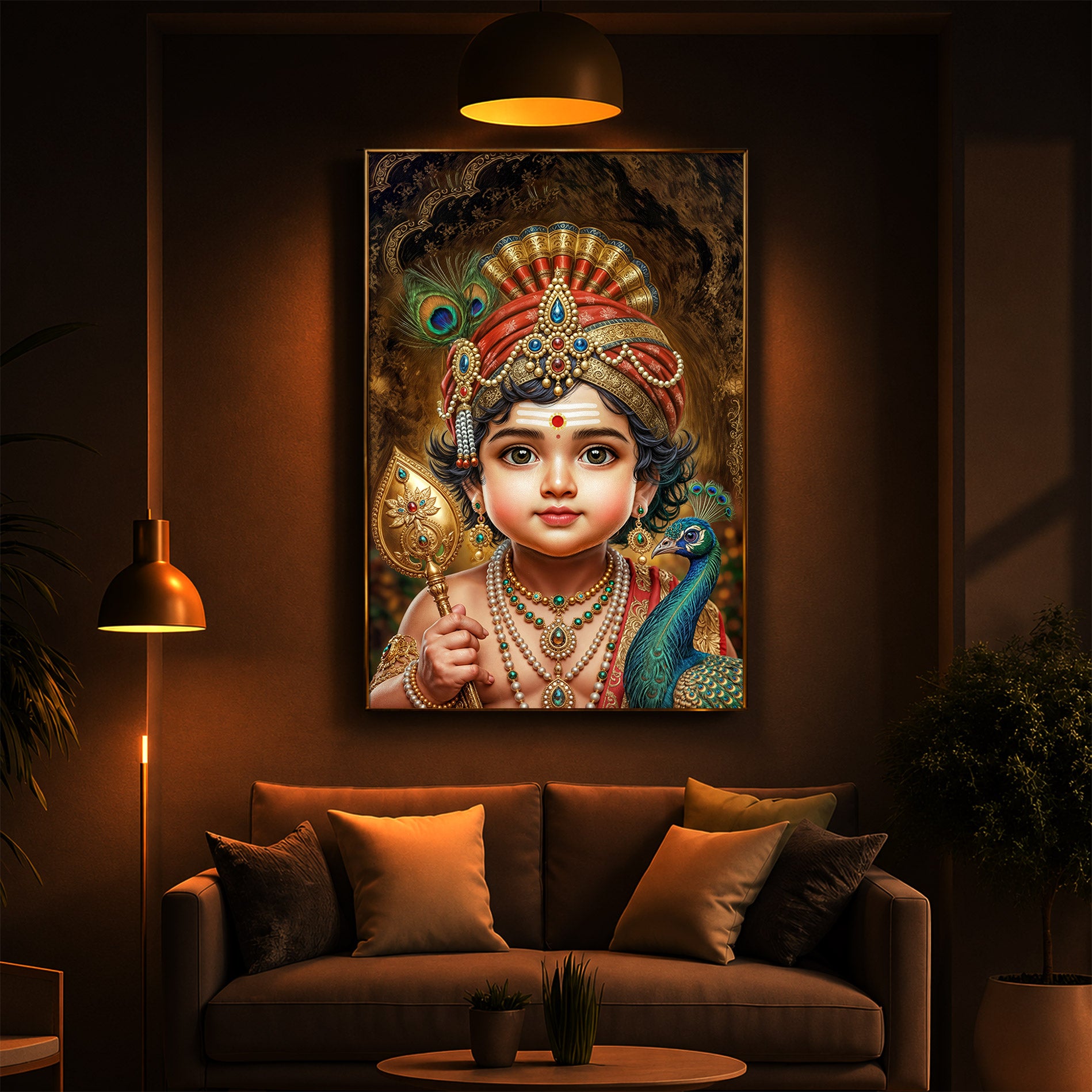 Little Murugan With Peacock Modern Luxury Backlight Vertical Wall Art