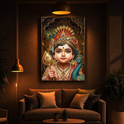 Little Murugan With Peacock Modern Luxury Backlight Vertical Wall Art