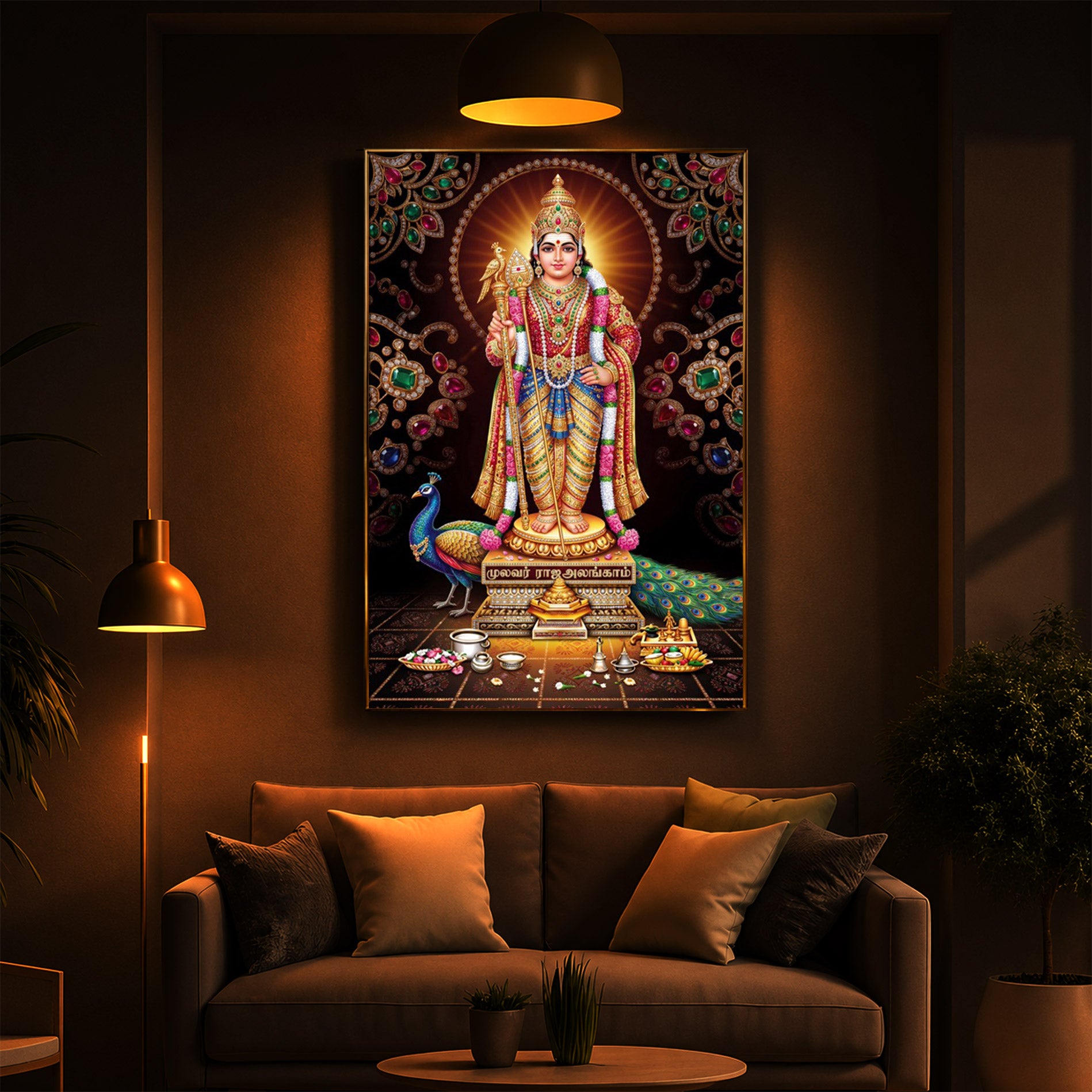 Lord Murugan With Peacock Modern Luxury Backlight Vertical Wall Art