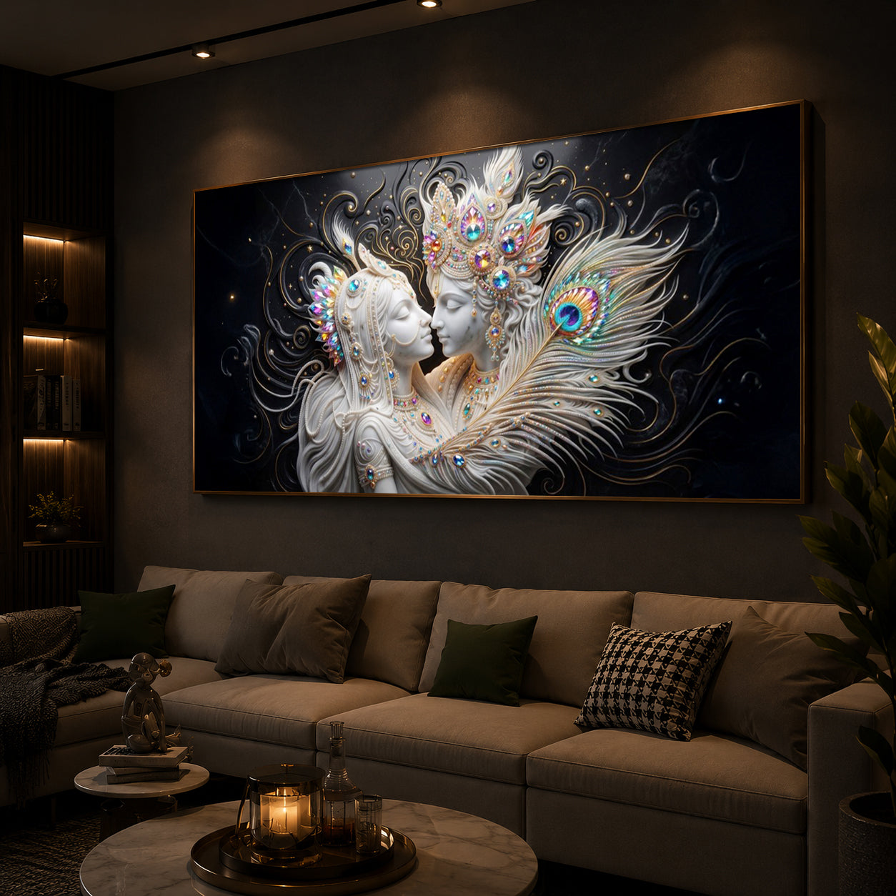 Depicts Radha Krishna Modern Luxury Backlight Horizontal Wall Art