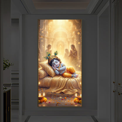 Sleeping Little Krishna Ji Modern Luxury Backlight Vertical Wall Art