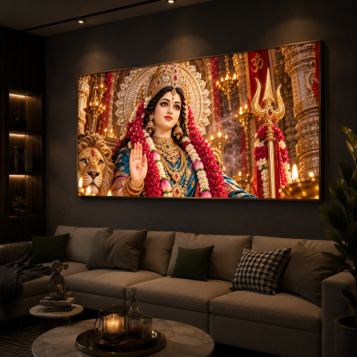 Divine Maa Durga Modern Luxury Backlight Horizontal Wall Art