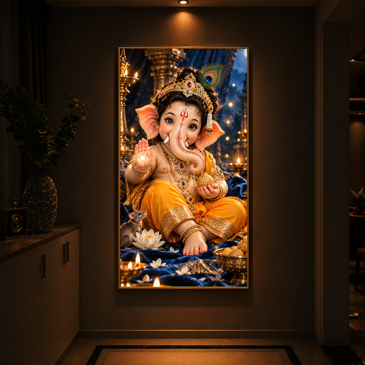 Bal Ganesha Blessings Modern Luxury Backlight Vertical Wall Art