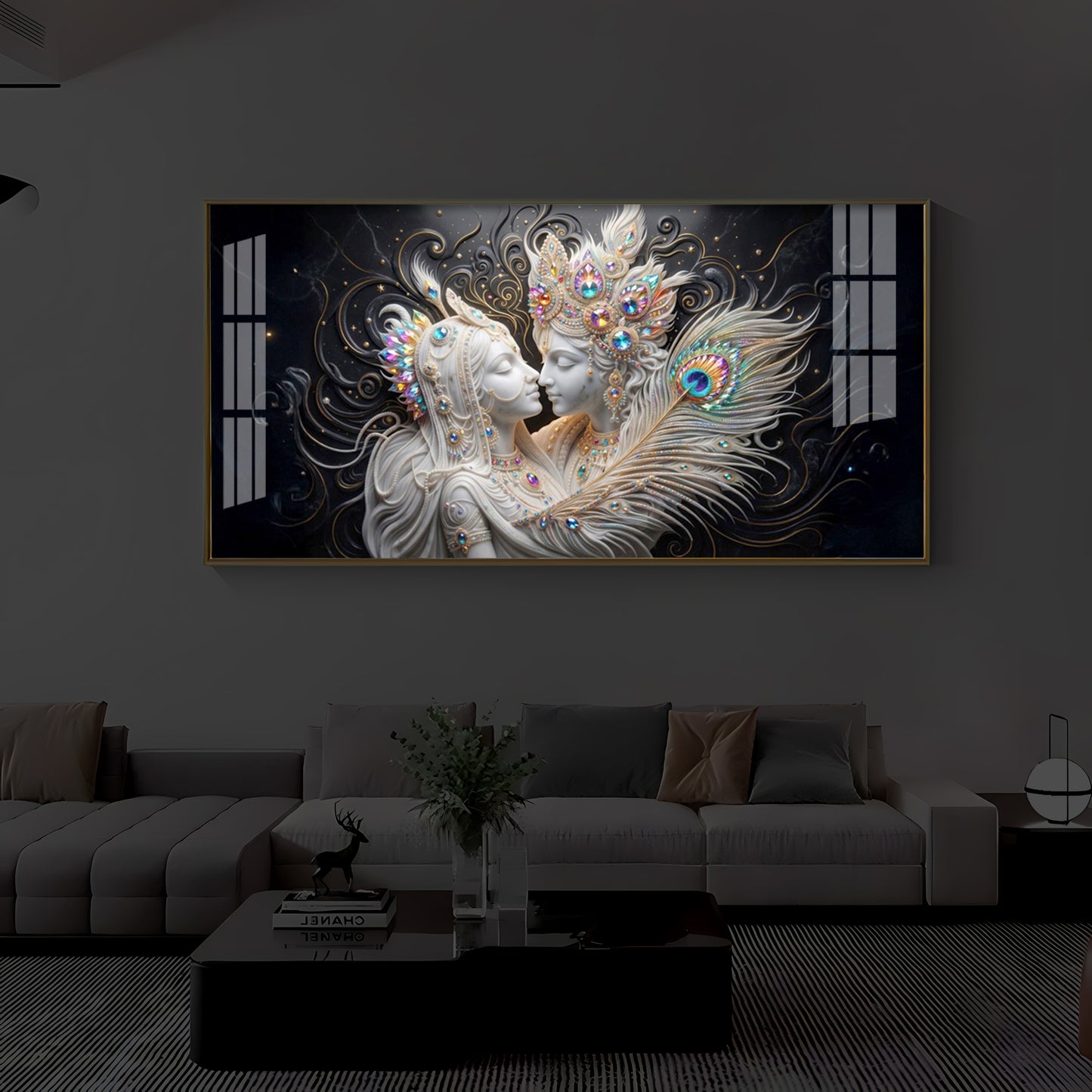 Depicts Radha Krishna Modern Luxury Backlight Horizontal Wall Art
