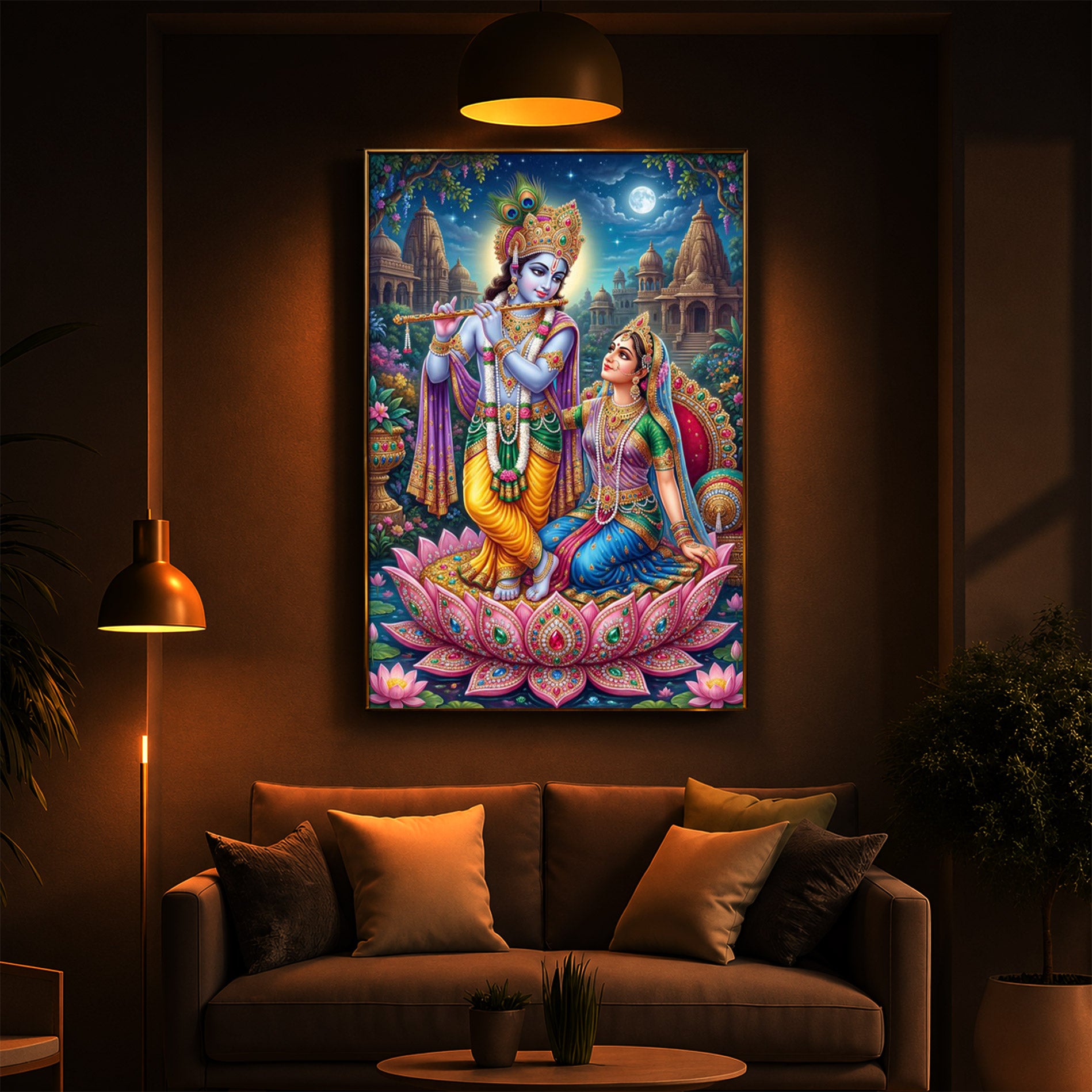 Goddess Radha and God Krishna Modern Luxury Backlight Vertical Wall Art