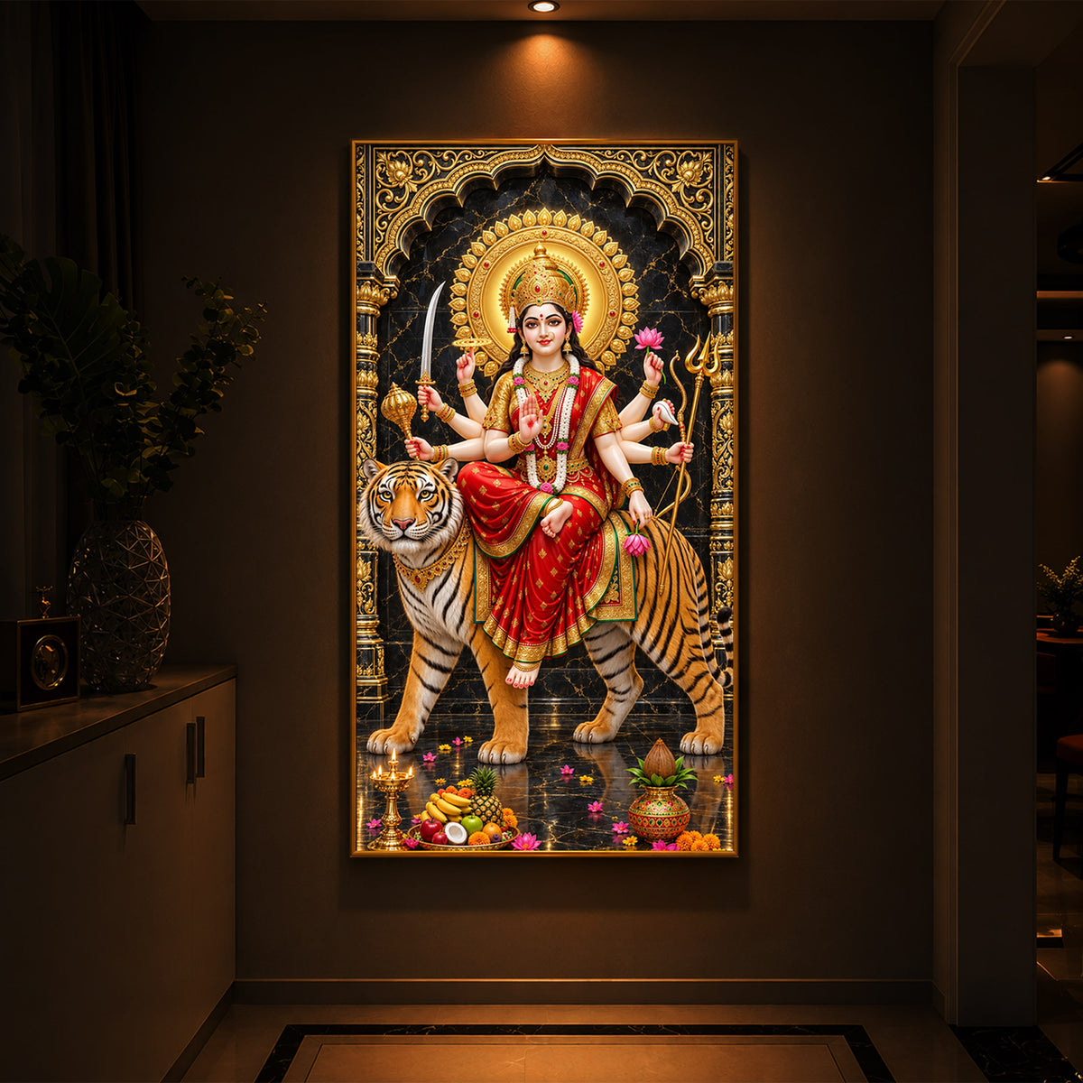 Goddess Ashtabhuja Durga Modern Luxury Backlight Vertical Wall Art