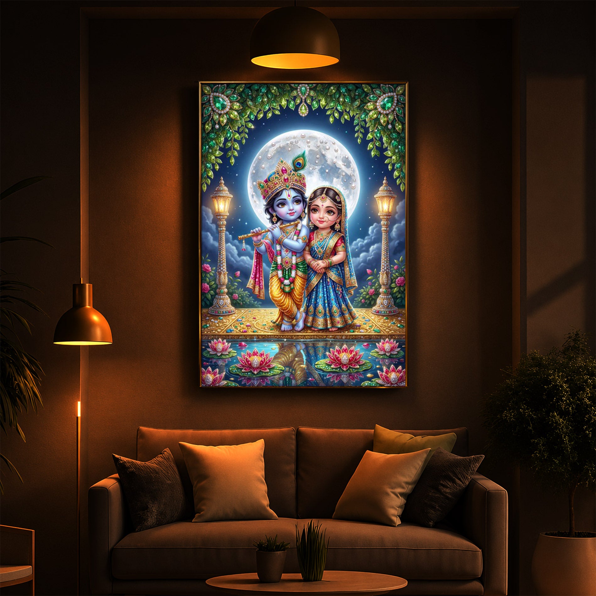 Little Radha Krishna Modern Luxury Backlight Vertical Wall Art