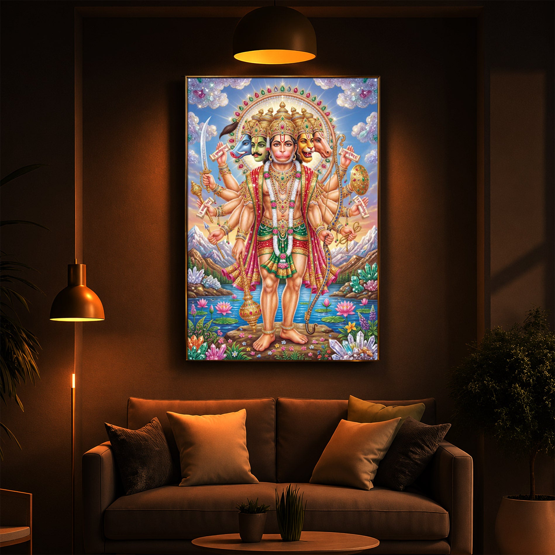 Panchmukhi Lord Hanuman Ji Modern Luxury Backlight Vertical Wall Art