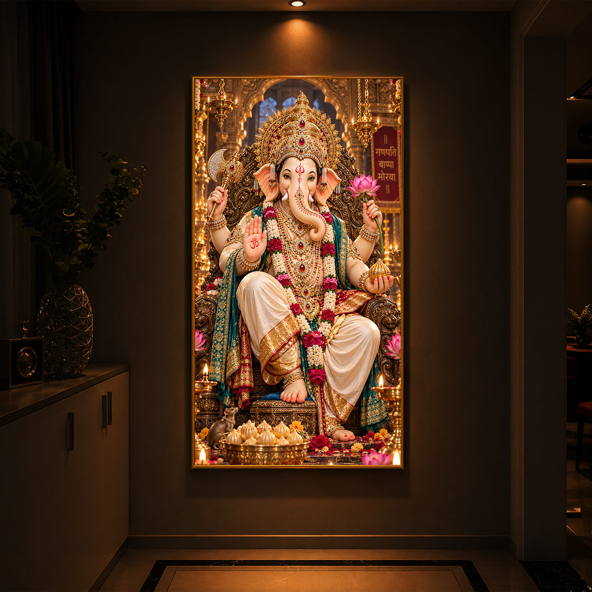 Ganapati Bappa Divine Blessings Modern Luxury Backlight Vertical Wall Art