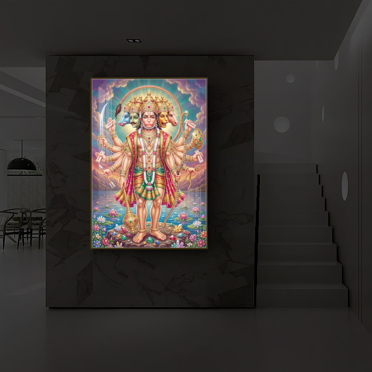 Spiritual Panchamukhi Hanuman Modern Luxury Backlight Vertical Wall Art