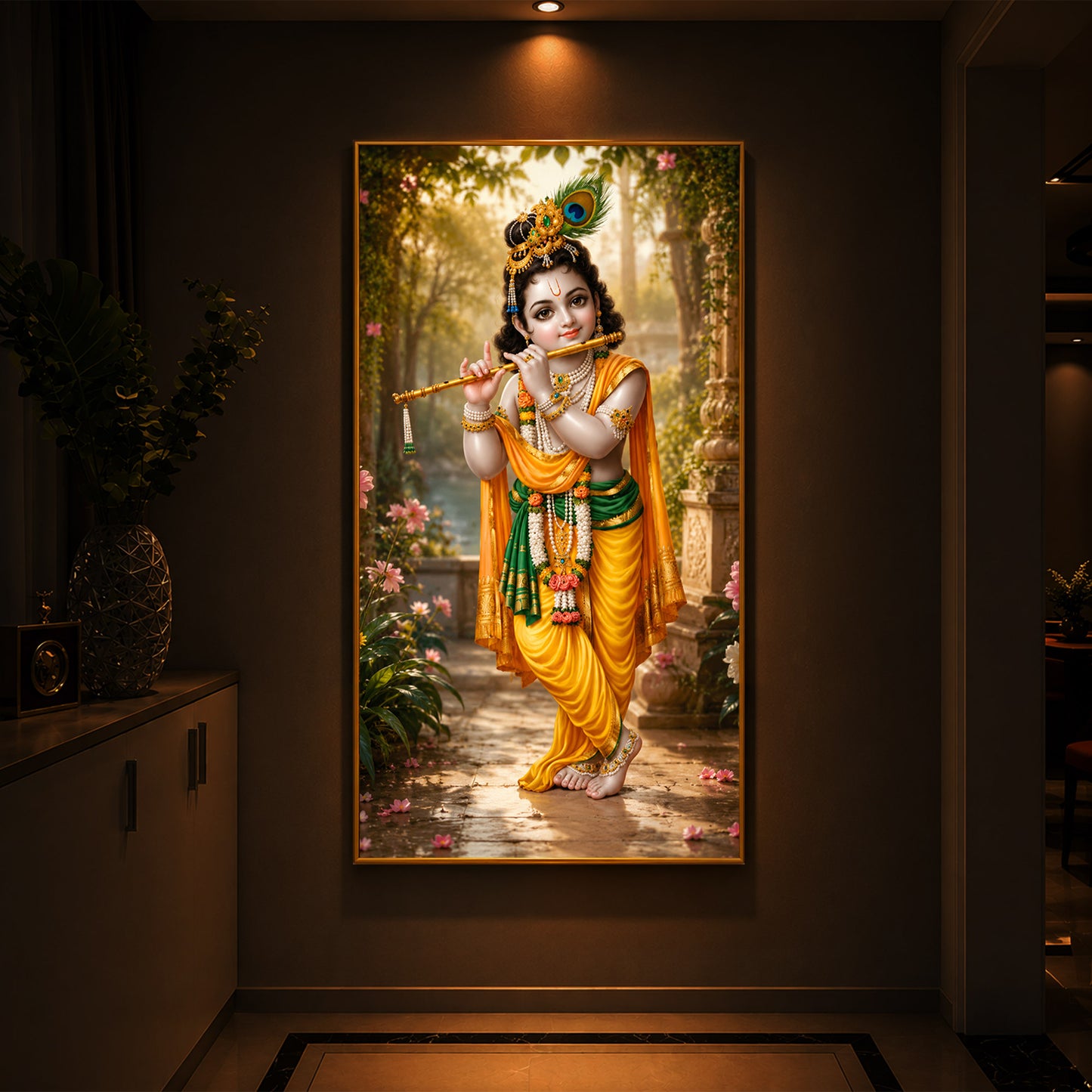 Bal Krishna Playing The Flute Modern Luxury Backlight Vertical Wall Art
