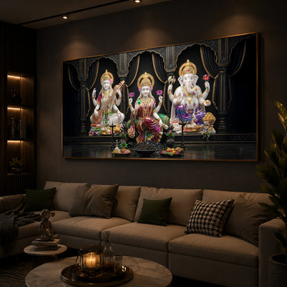 Saraswati,Lakshmi, & Lord Ganesha Modern Luxury Backlight Horizontal Wall Art