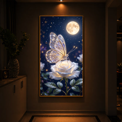 Butterfly On White Rose Modern Luxury Backlight Vertical Wall Art