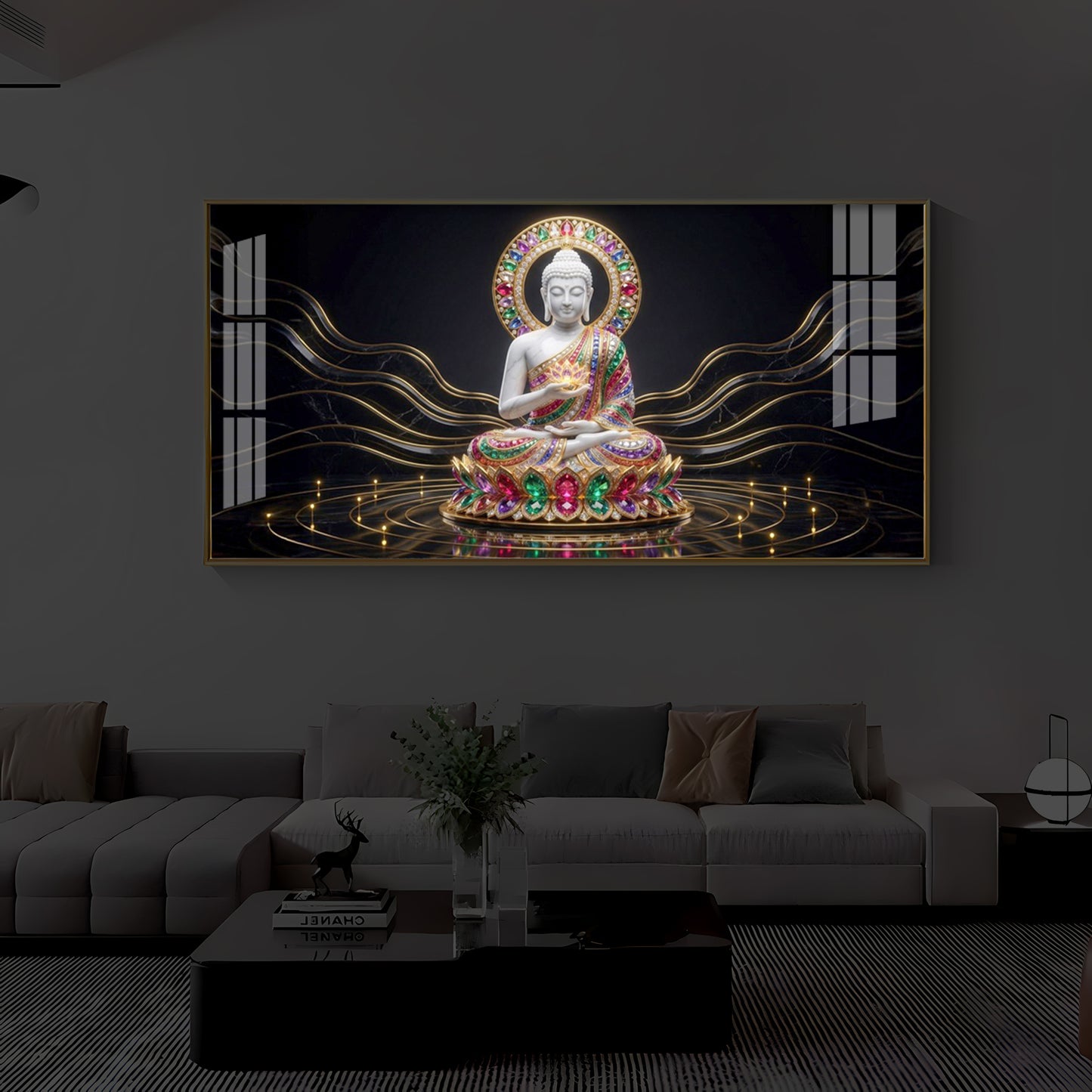 White Buddha Statue Modern Luxury Backlight Horizontal Wall Art