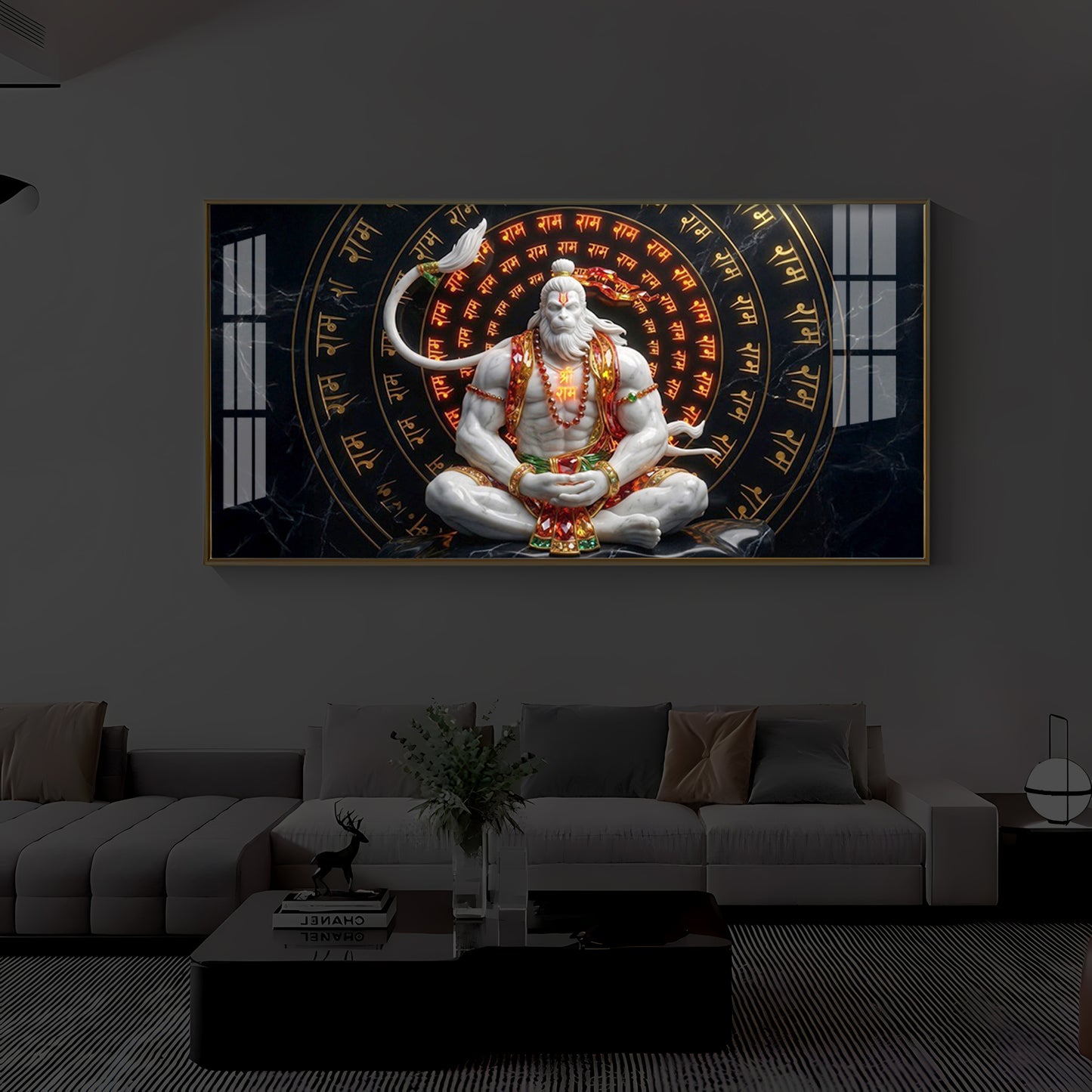 Lord Hanuman Sitting In A Meditative Modern Luxury Backlight Horizontal Wall Art