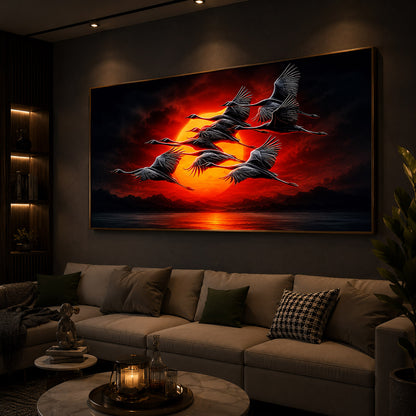 Flying Cranes At Sunset Modern Luxury Backlight Horizontal Wall Art