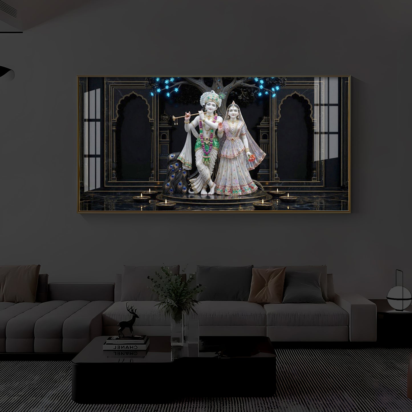 Radha Krishna With Flute Modern Luxury Backlight Horizontal Wall Art