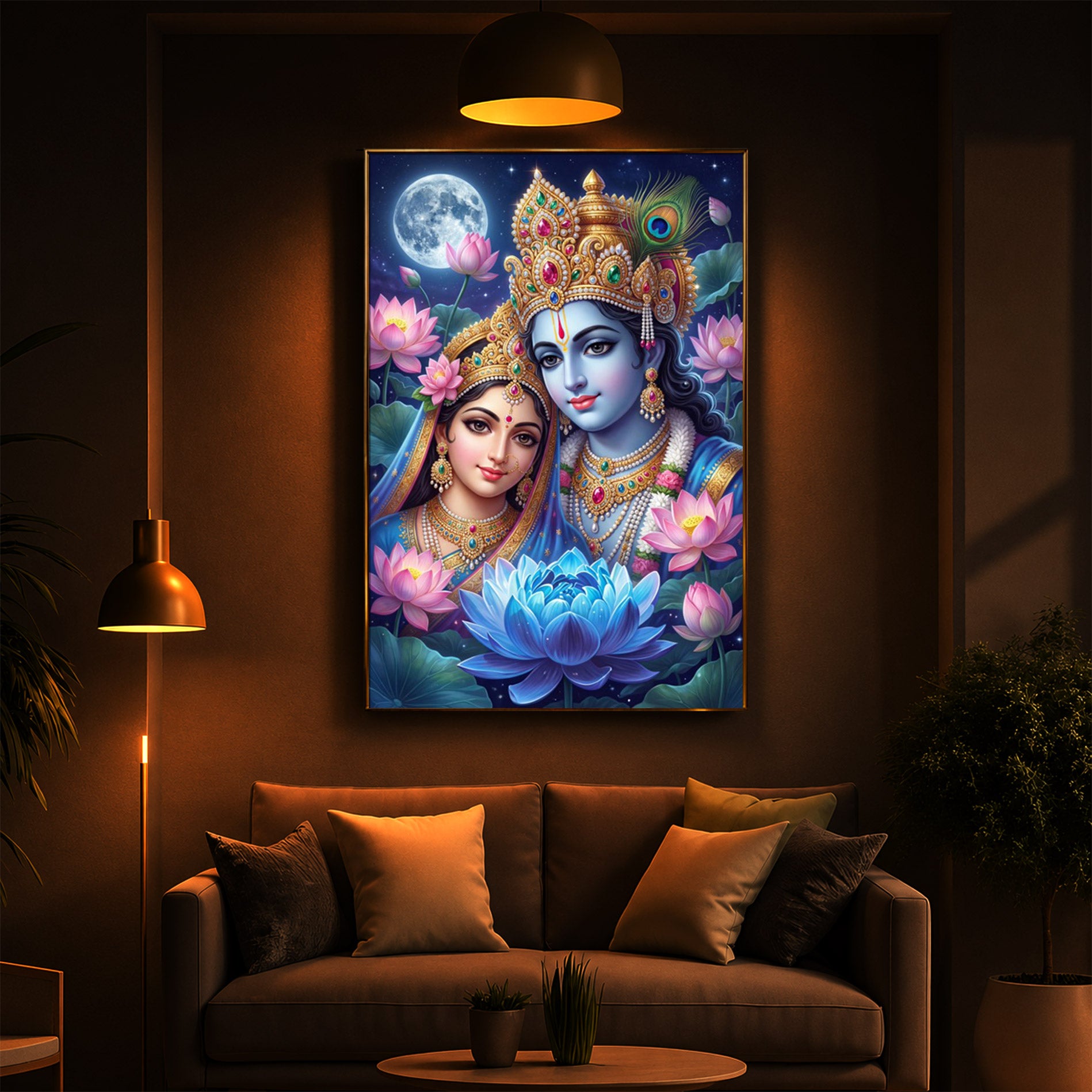 Radha Krishna Divine Togetherness Modern Luxury Backlight Vertical Wall Art