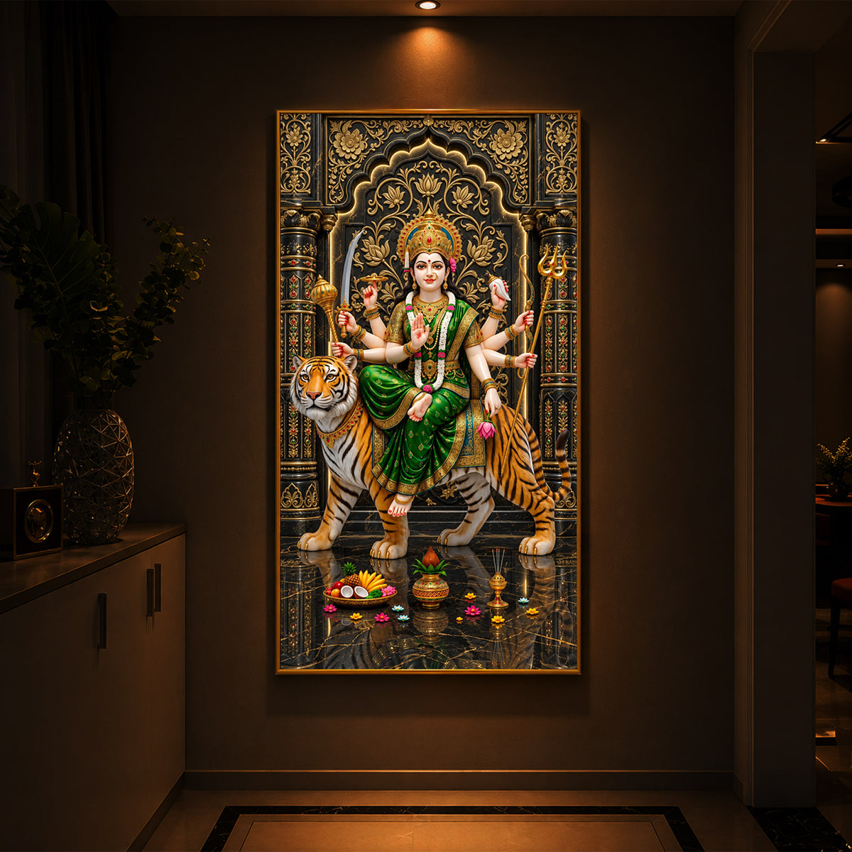 Maa Durga In Green Saree Modern Luxury Backlight Vertical Wall Art