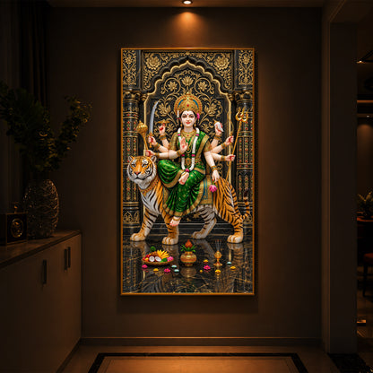 Maa Durga In Green Saree Modern Luxury Backlight Vertical Wall Art