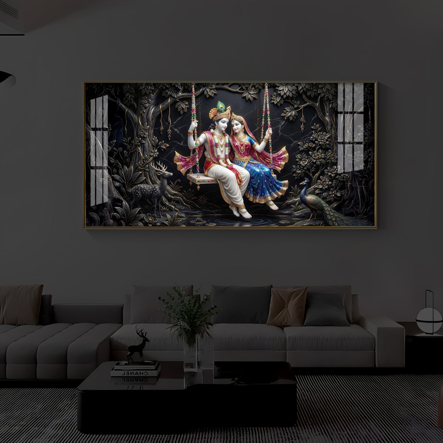Radha Krishna Swing Modern Luxury Backlight Horizontal Wall Art