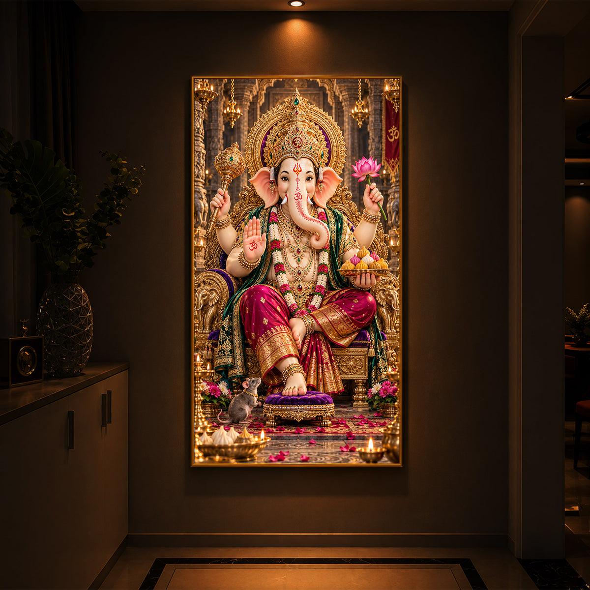 Ganapati Bappa Golden Throne Modern Luxury Backlight Vertical Wall Art