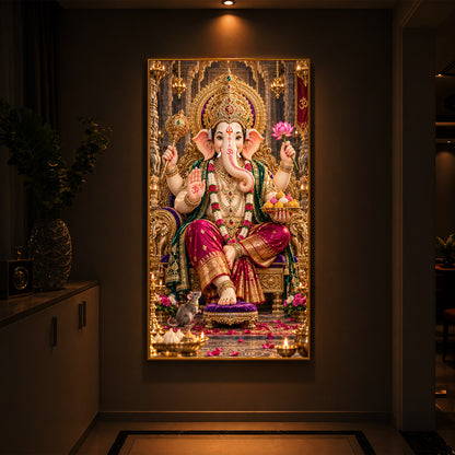 Ganapati Bappa Golden Throne Modern Luxury Backlight Vertical Wall Art