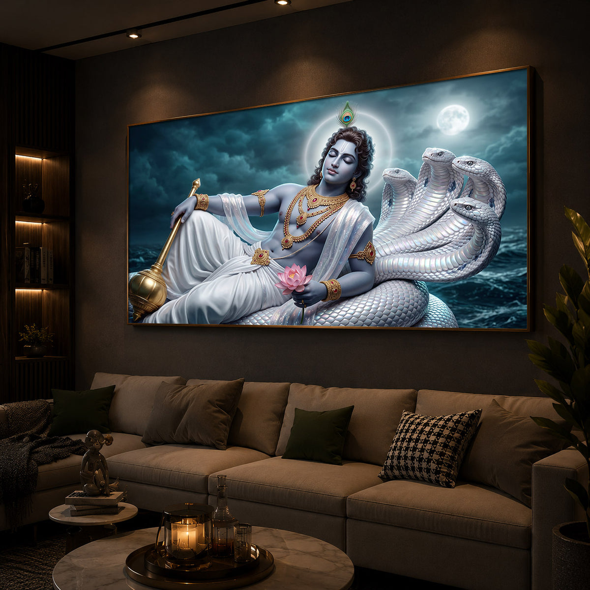 Lord Vishnu With Sheshnag Modern Luxury Backlight Horizontal Wall Art
